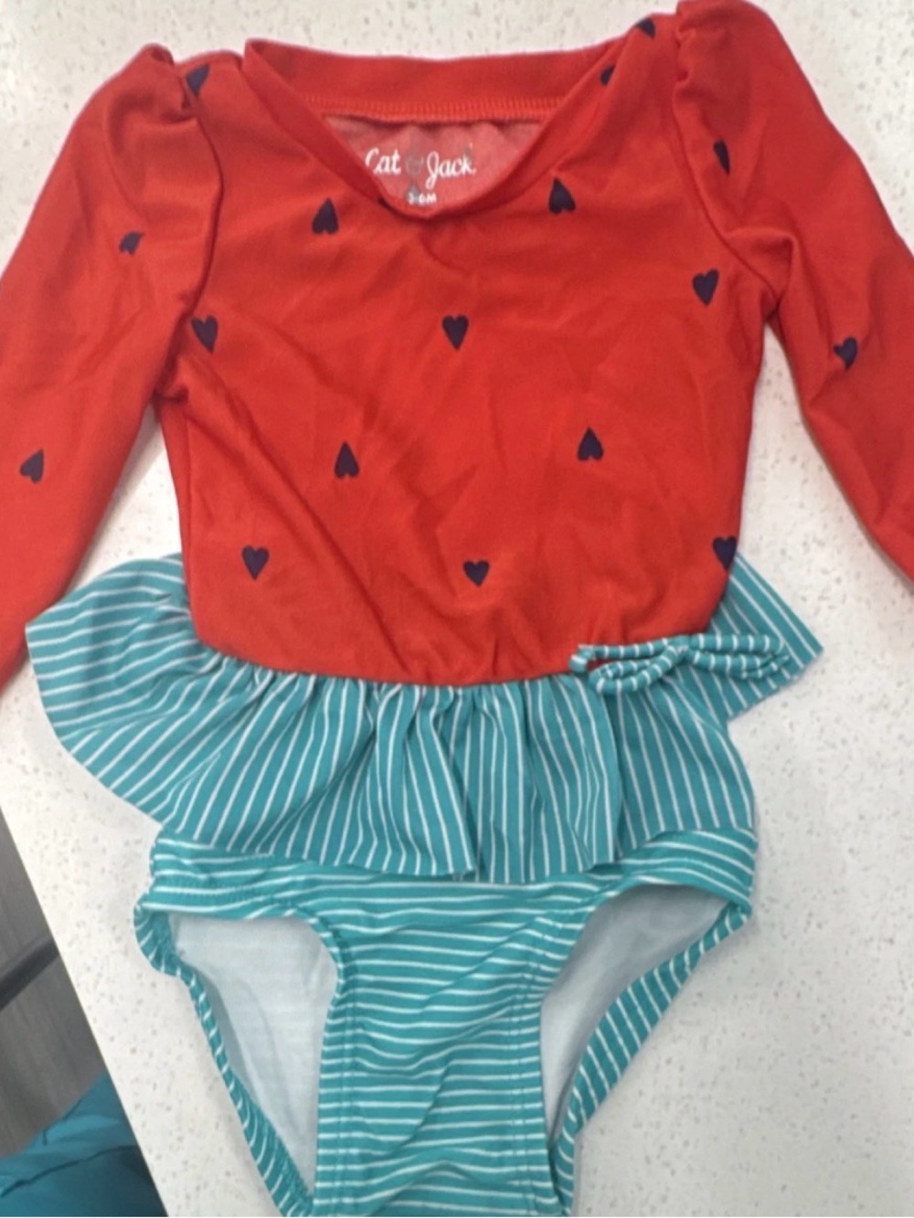 Cat & Jack Red Heart Long-Sleeve One-Piece Swimsuit with Teal Striped Skirt